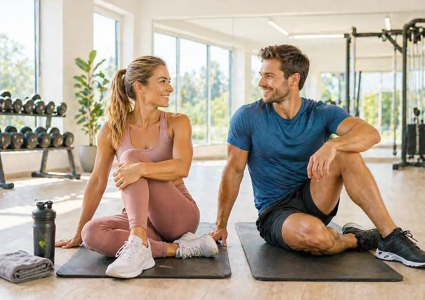 Sportliches Paar beim Fitness Training im Studio, aktiver Lifestyle mit Workout, Shaker und Nahrungsergänzung für Muskelaufbau, Regeneration und Gesundheit
