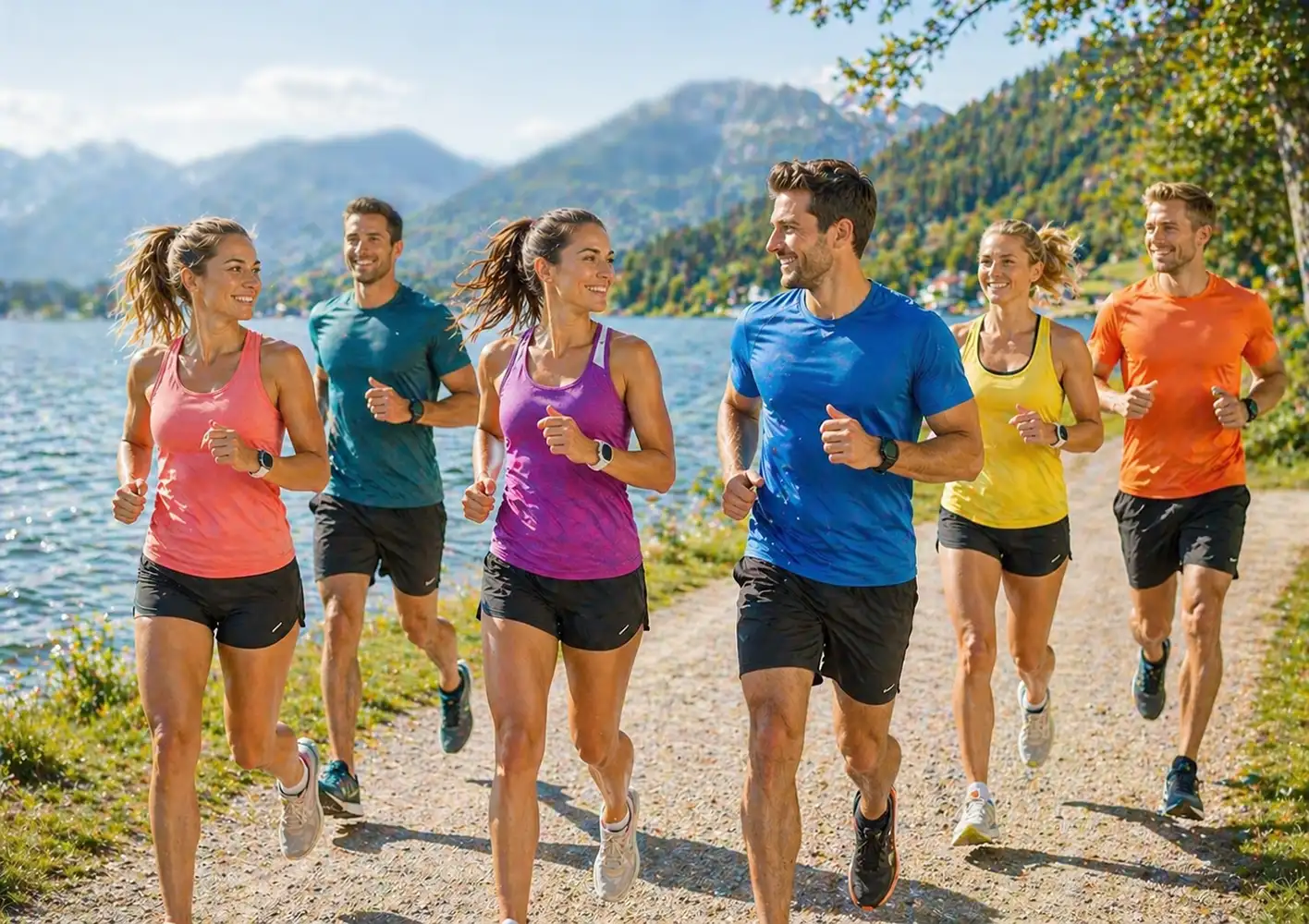 Sportliche Gruppe beim Joggen in der Natur am See, aktiver Lifestyle mit Ausdauertraining, Fitness und Nahrungsergänzung für Energie und Regeneration
