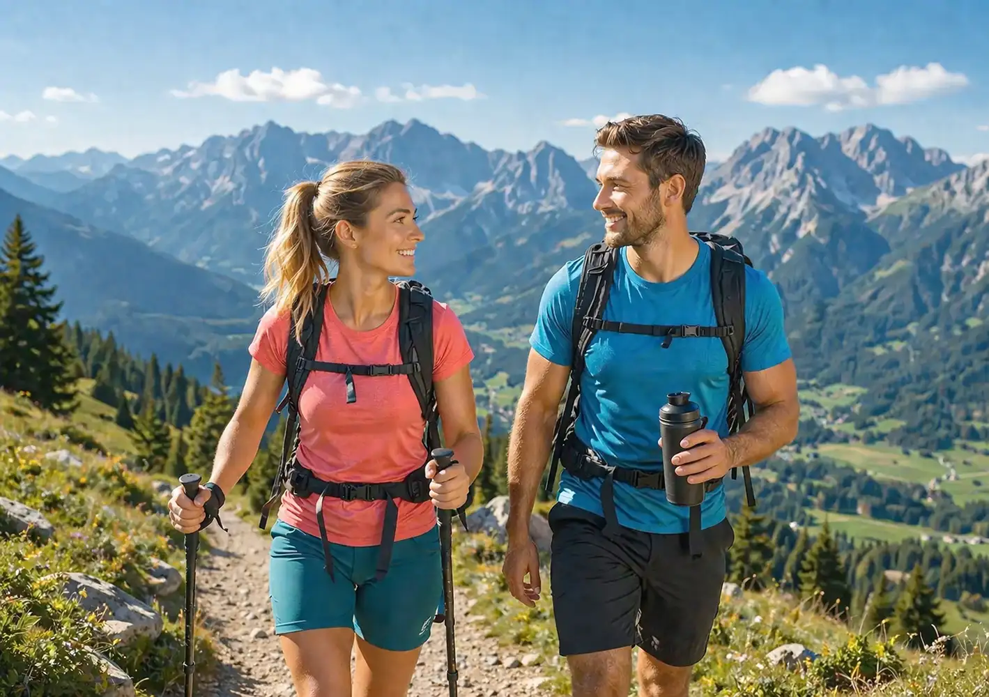 Sportliches Paar beim Wandern in den Bergen mit Rucksack und Shaker, aktiver Lifestyle mit Nahrungsergänzung für Fitness, Ausdauer und Gesundheit